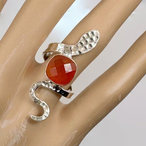 Jewelry - Snake Ring, Sterling Silver, Carnelian, Faceted Stone, Size 6 1/2, Handmade